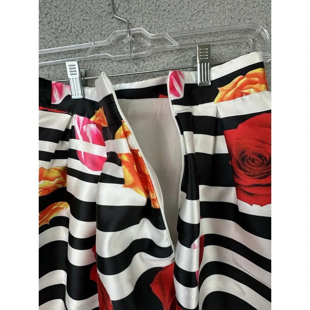 Rockabilly Black White Striped Floral Midi Skirt 50s Pleated Cabbage Rose Small
